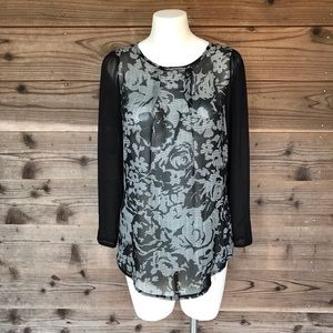 Mandy Evans Sheer Houndstooth Floral Button Cuff Rounded Hem Blouse Small